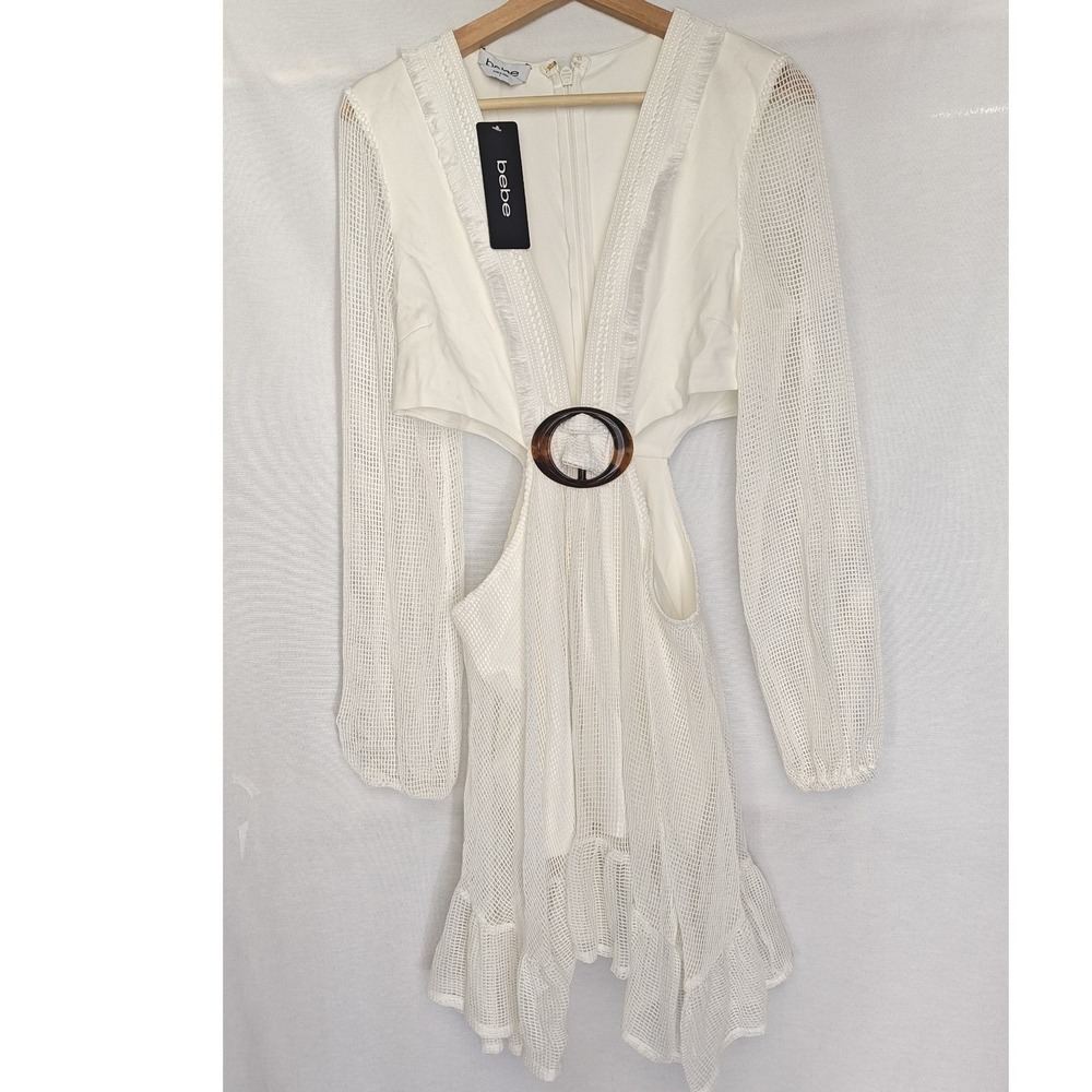 BEBE Mini Dress Ring Detail Cutout Flare off White Mesh Long Sleeve Fringe L New